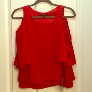 Red V neck Cold Shoulder Top